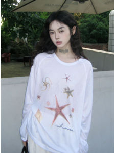 YUEZHONGWEI | Retro American Printed Long Sleeve White T-Shirt Women Summer Thin Loose Outerwear Air Conditioning Shirt Top Geometric Pattern