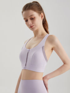 Color-blocking sports bra with one-piece cup front zipper gathering shockproof high-strength antibacterial fabric womens sports vest