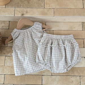 2026 New Summer Baby Clothes Set 6-24M Cute Grid Toddler Girls Sleeveless Top+Bloomer Minimalist Loose Infant Outfit 2PCS