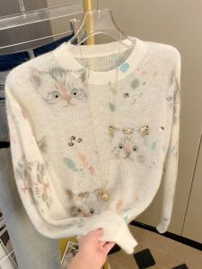 เสื้อสเวตเตอร์ถักแขนยาวลายแมว คอกลม เสื้อผ้าผู้หญิงฤดูใบไม้ร่วง แฟชั่น ทรงเข้ารูป เสื้อคลุมกันหนาว คอกลม เสื้อผ้าทำงาน