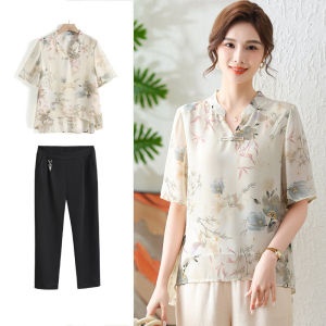ชุดเสื้อยืดแขนสั้นแฟชั่นฤดูร้อนสำหรับคุณแม่วัยรุ่น เสื้อผ้าผู้หญิงวัยกลางคนและผู้สูงอายุ ชุดสองชิ้น คอลเลกชันใหม่ปี 2025