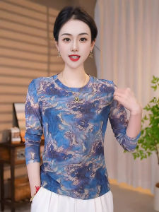 เสื้อยืดคอกลมแขนยาวผู้หญิง ทรงหลวม ทรงเข้ารูป แฟชั่นฤดูใบไม้ร่วง 2025 เสื้อเชิ้ตคอร์ดูรอยตาข่ายแบบลำลอง ทรงเข้ารูป