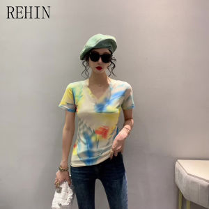 REHIN Summer new fashion mesh printed short-sleeved V-neck T-shirt slim-fit S-3XL trendy top with floral pattern women blouse