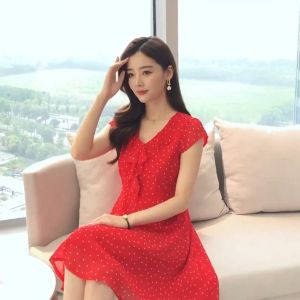 Polka Dot Printed Chiffon Summer Dress Women 2026 New Short Sleeve Floral Elegant Red Black Midi Dresses Ladies vestidos robe