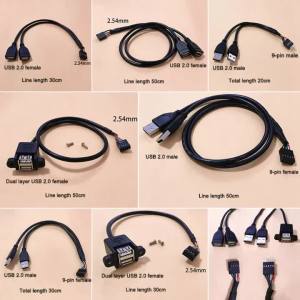 Motherboard 9-Pin to Dual USB 2.0 Female/Male Extension Cable 2.54mm Pin Header Connector for PC Case Front Panel 20cm/30cm/50cm