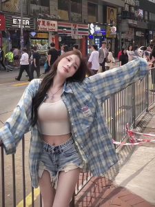 Retro Hong Kong Style Blue Plaid Shirt Jacket Women Summer New Lazy Loose Casual Sunscreen Top Button down Korean Loose Fit