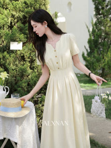 Đầm Hè Màu Vàng V-Neck Dây Nơ Ép Eo