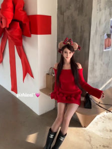 Beautiful Christmas Red Knitted Sweater And Mini Skirt Set for Women Elegant One Shoulder Design Ideal for Autumn Winter Seasons