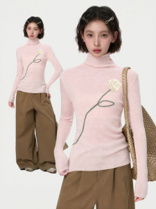 KBVVR | Pink Half-Turtleneck Floral Long Sleeve Knitwear Thick Slim Autumn Winter