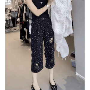 Trendy Designer High Waist Straight Leg Distressed Floral Jeans