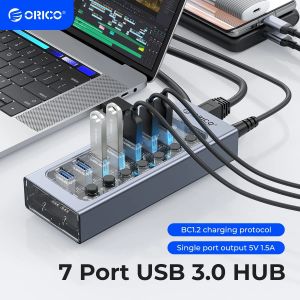 ORICO | ORICO USB3.0 Hub Aluminum Industrial 7-Port Splitter Split Switch with 12v Power Adapter for Macbook Mobile Phone Tablets