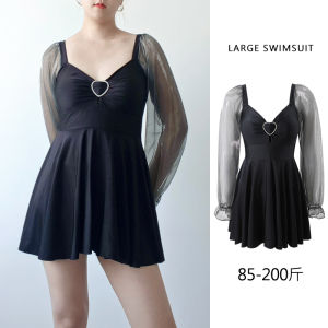 2025 New plus Size Skirt Style Swimming Suit Long Sleeve Thermal Womens plus Size 200 Pounds Beach Sand Pure Color Quick Dry