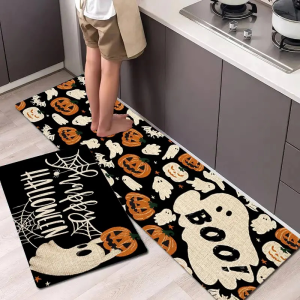 VIKAMA 1/2Pcs Halloween Kitchen Rug Ghost Pumpkin Non Slip Dirt Resistant Floor Mat Hallway Entrance Door Mat Dining Home Decor