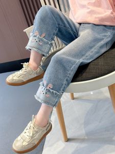 Spring Autumn Girls Jeans Straight Leg Fashionable Trousers Childrens Clothing Baby Girls Casual Long Pants mid Waist Elastic Belt