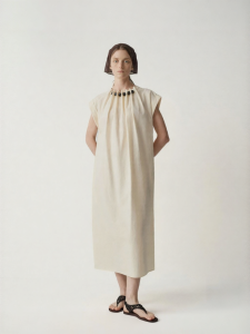INSIS FEMME | Resort Beaded Linen Cotton Simple Collar Puff Dress