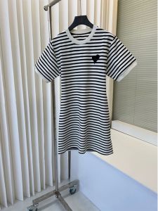 Timeless Classic Black White Striped Dress Womens Style Exposed Waist Embroidery Heart Beads Casual Comfortable Cotton Gown