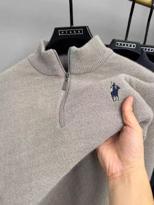 High quality half zip collar sweater mens fashion designer brand horse riding embroidery winter with plush warm knit pullover