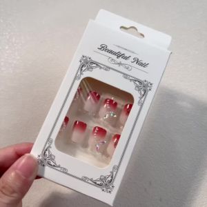 24Pcs Valentines Day Short Square Fake Nails with 3D Rose Pearl Heart Butterfly Gem Press On Nail Sweet French False Fingertips