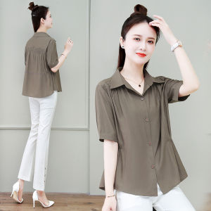 เสื้อเชิ้ตผ้าชีฟองแขนสั้นหลวมๆ สำหรับผู้หญิงในช่วงฤดูร้อนปี 2025 เสื้อเชิ้ตทรงหลวมๆ ปกโปโล สไตล์เกาหลี แขนสั้น