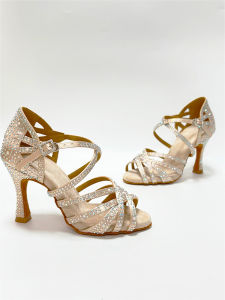 Beige Rhinestones Dance Shoes Salsa Latin Ballroom Indoor Suede Sole Dance Shoes With 9cm Heels