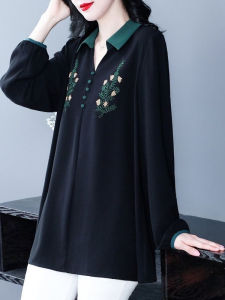 Áo Thun Cổ Polo Dài Tay Rộng Rãi Thêu Hoa Cho Nữ Mùa Thu Mới Dáng Rộng Giảm Tuổi Tác Che Phủ Màu Sắc