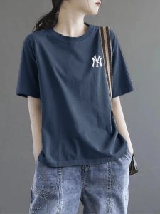 Loose Fit Pure Cotton Short Sleeve round Neck Printed T-Shirt for Women Summer Comfortable Breathable Casual Top
