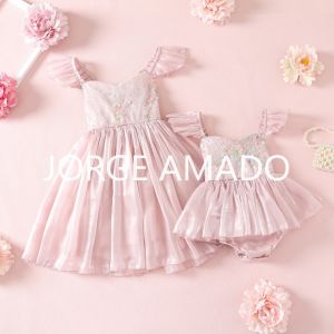 Summer Girls Sister Matching Outfits Square Collar Sling Backless Bodysuit Sequined Princess Dress Twins Daughter Clothes H1518