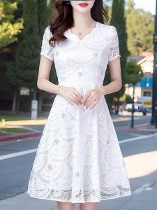Summer Lace Trim Slim Fit Short Sleeve Womens Dress Korean Style Fashionable plus Size Spring New Arrival Maxi Dress