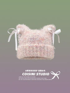 Handmade Sweet Korean Style Knitted Hat with Butterfly Bow Velvet Rope Warm Cozy Cat Ear Wool Yarn Cap for Women Autumn Winter Versatile