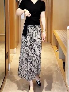 Gdhes 2039 กระโปรงยาวปานกลางลายดอกไม้ลำลองวินเทจ เอวสูงทรงเอ เอวยางยืด เสื้อมัม อินเทรนด์สง่างาม