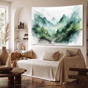 VIKAMA Núi Xanh Màu Nước Thảm Phong Cảnh Thiên Nhiên Treo Tường Cho Phòng Ngủ Phòng Khách Trang Trí Nhà Sợi Polyester