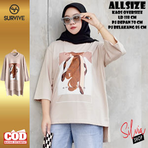 KAOS OVERSIZE WANITA MODEL TERBARU 2024 JUMBO BAJU HIJAB STYLE KEKINIAN SURVIVE ID COKLAT MOCCA