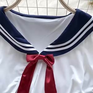 Đầm Mini Cổ Thủy Thủ Nữ Có Nơ Viền Xếp Ly Khoét Lỗ Dây Buộc Cosplay Bộ Đồ Ngủ 2 Món Chất Liệu Polyester Tay Bồng