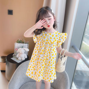 Princess Style Pure Cotton Floral Print Summer Dress for Girls Baby Fashionable Midi Skirt Sweet Style Zipper Closure A-Line Silhouette