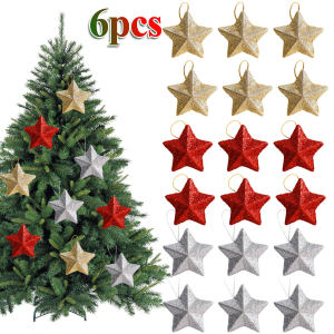 YESPERY 6PCS Christmas Tree Mini Gold Powder Star Decor Pendant Christmas Ornament Xmas Party DIY Crafts Accessories