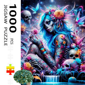 1000pcs Gothic Fantasy Puzzle Mysterious Blue-Haired Woman with Skull and Butterfly Floral Design – Exquisite Details Vibran