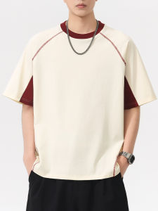 Color-blocked Splice Drop-shoulder Short-sleeve T-shirt Loose Ice-silk Cooling