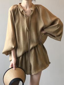 Sun Protection Long Sleeve Lantern Sleeve Shirt And Shorts Set Womens Summer Casual Lazy Style High End Feeling Outfit