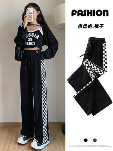 กางเกงขายาวทรงตรงเอวสูงลายกีฬาลำลองสำหรับผู้หญิง ฤดูใบไม้ผลิและฤดูใบไม้ร่วง 2024 กางเกงขายาวทรงตรงทรงหลวมขนาดใหญ่สำหรับผู้หญิงไซส์ใหญ่