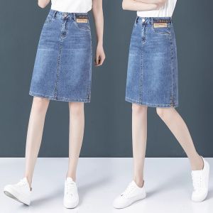 High Waist Midi Denim Skirt Womens Spring Summer New Style Thin Bodycon A-Line Skirt Short plus Size Jeans Blue Color