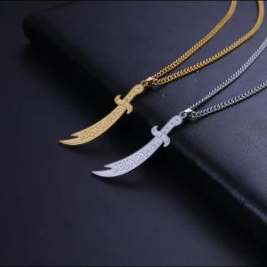 Lemegeton Arabic Sword Calligraphy Muslim Pendant Necklace Stainless Steel Islamic Imam Ali Zulfiqar Sword Religious Jewelry