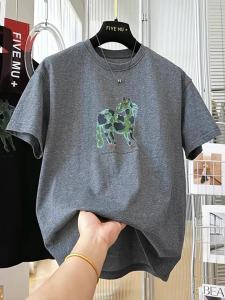 Grey Pony Print Crew Neck Short Sleeve Tshirt Large Size Slim Fitting