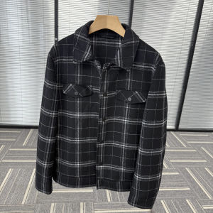 เสื้อแจ็คเก็ตผู้ชายผ้าขนสัตว์ผสมคอปกพับฤดูใบไม้ร่วง/ฤดูหนาว แจ็คเก็ตขนสัตว์ลายสก็อต แจ็คเก็ตขนสัตว์ผสมคอปกพับสำหรับผู้ชาย