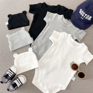 Baby Boys and Girls Summer Thin Pure Cotton Pure Color Jumpsuit Newborn Baby White Short Sleeve Baby Bodysuit Rompers Jumpsuit Tide