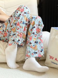 Minnie Leisure Pants Womens Summer Thin Cool Home Pants Loose Comfortable Breathable Polyester Fiber Print Straight Leg Trousers