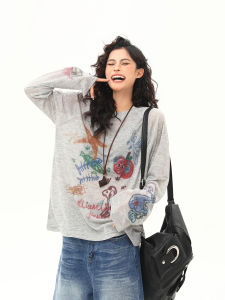 Wild American Retro Graffiti Print Long Sleeve Cover up Womens Summer Lightweight Lazy Style Sun Protection Top