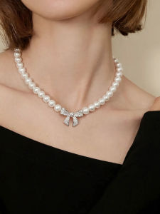 YISHU | Rhinestone Bow Design Akoya Pearl Necklace 2026 New Style