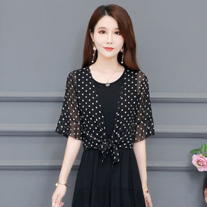 Áo Khoác Ngoài Vải Voan Ngắn Mùa Hè Cho Nữ Áo Khoác Ngoài Cổ Chữ V Tay Dài Năm Chấm Bi Màu Trơn Phong Cách Công Sở