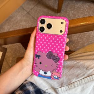 Sanrio | Luxury Double-Layer Full Screen Polka Dot Black Skin Hello Kitty Phone Case For iphone 17 16 15 ProMax 17 Shockproof Cute Cover