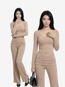qiaocong | Elegant French Lady Style U-Neck Short Long Sleeve Top Two-Piece Set